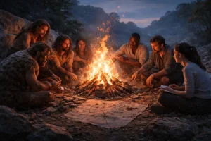 En gruppe neandertalere og moderne mennesker sitter samlet rundt et bål i et steinete landskap i skumringen, og samarbeider om verktøy og kart som symboliserer kunnskapsdeling, tilpasning og fellesskap.
