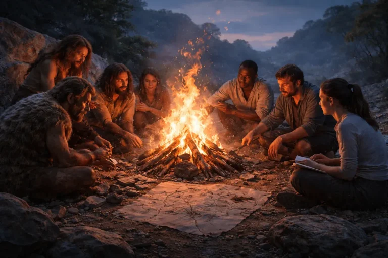 En gruppe neandertalere og moderne mennesker sitter samlet rundt et bål i et steinete landskap i skumringen, og samarbeider om verktøy og kart som symboliserer kunnskapsdeling, tilpasning og fellesskap.