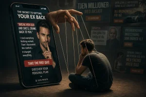 En person sitter på gulvet og styres som en marionette av en hånd fra en mobiltelefon som viser manipulerende reklame om å få eksen tilbake, et visuelt bilde på psykologisk påvirkning og kontroll i digitale annonser.