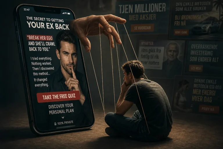 En person sitter på gulvet og styres som en marionette av en hånd fra en mobiltelefon som viser manipulerende reklame om å få eksen tilbake, et visuelt bilde på psykologisk påvirkning og kontroll i digitale annonser.