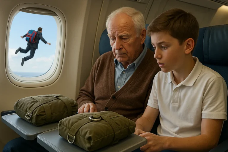 En gammel mann og en skolegutt sitter inne i et fly og ser på to fallskjermer foran seg, mens en advokat i dress hopper ut av vinduet med en vanlig skolesekk på ryggen i stedet for en fallskjerm.