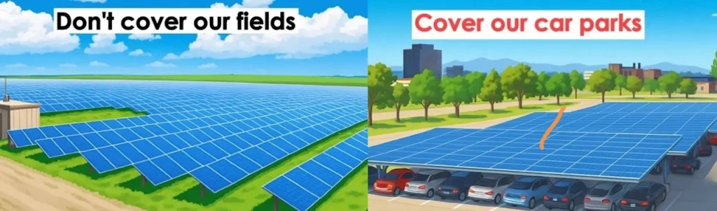 Illustrasjon delt i to: til venstre store solcellefelt som dekker jordbruksland med teksten ‘Don’t cover our fields’, til høyre parkeringsplass dekket av solcellepanel med teksten ‘Cover our car parks’.