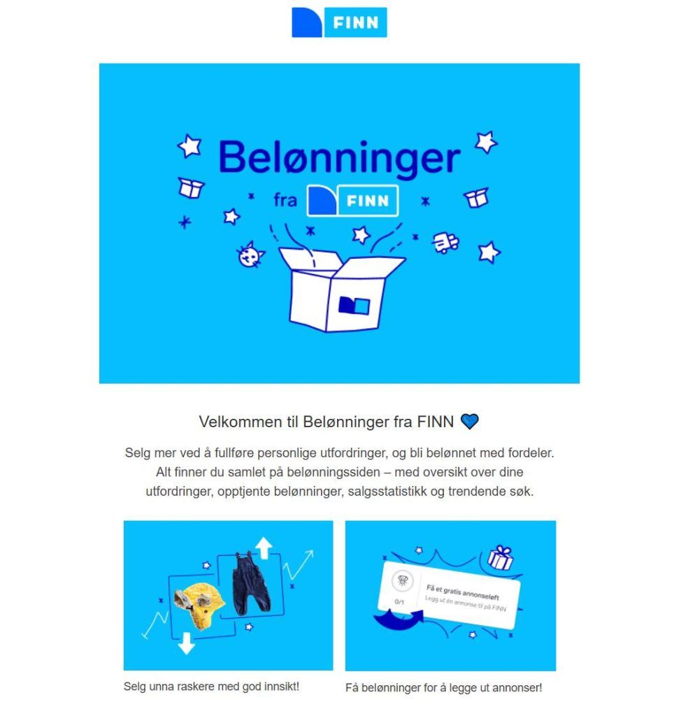 Skjermbilde fra FINNs nyhetsbrev om nytt belønningssystem, med utfordringer og visuelle insentiver for brukerne
