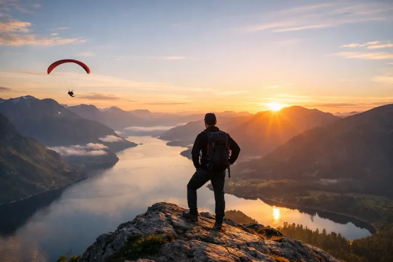 Person står på en fjelltopp ved soloppgang og ser utover en fjord med fjell og natur, mens en paraglider svever i luften, symbol på balanse mellom arbeid, fritid og mental helse.