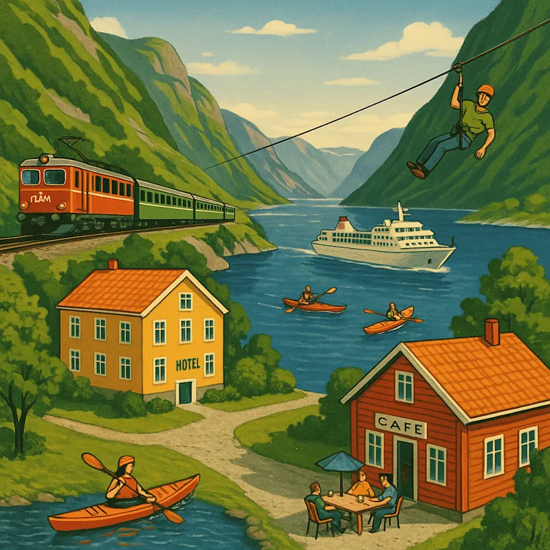 Illustrasjon av Flåm som turistdestinasjon: et tog fra Flåmsbana kjører langs fjorden, en cruisebåt ligger ute på vannet, flere kajakker padler, en person svever i zipline over fjorden, mens et hotell og en kafé med gjester ute illustrerer de ulike tilbudene i bygda.