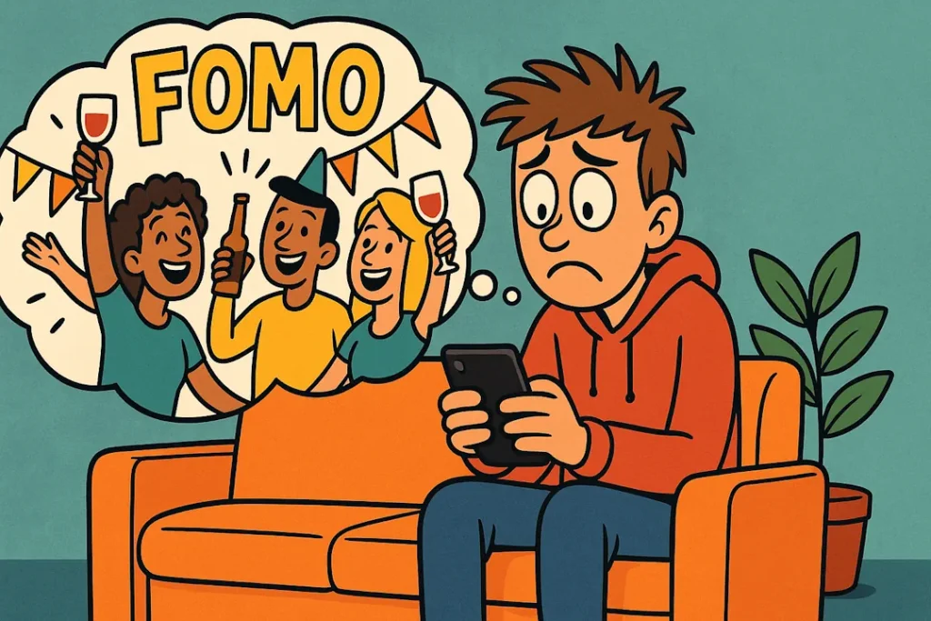 En humoristisk illustrasjon av en ung mann som sitter på en oransje sofa med mobilen i hendene og ser trist ut. Over ham vises en tankeboble der venner feirer på fest med drinker og glade ansikter, tydelig merket med teksten «FOMO». Bildet illustrerer følelsen av å gå glipp av noe.