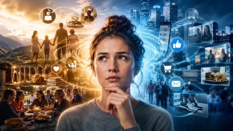 Illustration of a person surrounded by different environmental influences such as weather, people, music, and social situations, highlighting how surroundings shape thoughts, emotions, and behavior.