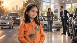 KI-generert illustrasjon av en jente i forgrunnen, en liten bil som følges av en større SUV, og en bilselger som viser en kunde en dyr ny bil fremfor en rimelig bruktbil. Motivet illustrerer hvordan status og førsteinntrykk kan påvirke hvordan vi vurderer mennesker.