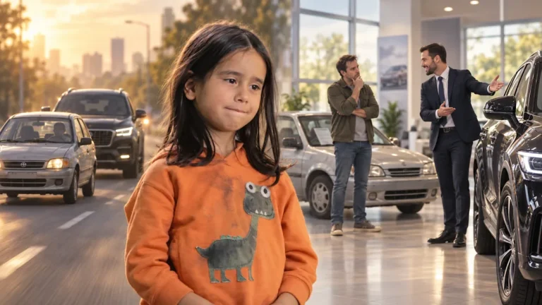KI-generert illustrasjon av en jente i forgrunnen, en liten bil som følges av en større SUV, og en bilselger som viser en kunde en dyr ny bil fremfor en rimelig bruktbil. Motivet illustrerer hvordan status og førsteinntrykk kan påvirke hvordan vi vurderer mennesker.