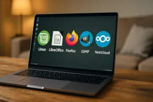 En moderne bærbar PC på et skrivebord, med skjermen åpen og synlige ikoner for Linux, LibreOffice, Firefox og GIMP. Bildet illustrerer hvordan gratis og åpen programvare kan erstatte kommersielle løsninger i et brukervennlig og bærekraftig teknologimiljø./ Picture: AI-generated