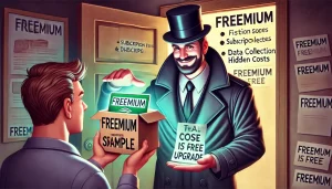 En stilisert illustrasjon av en mann i en høy hatt og mørk frakk som smilende tilbyr en eske merket 'FREEMIUM SAMPLE' til en annen person. Inni esken er et skilt med ordet 'FREEMIUM'. I den andre hånden holder han et skilt med teksten 'REAL COST IS FREE UPGRADE'. Bak ham er vegger fulle av plakater og skilt med ordet 'FREEMIUM' og småtekster som antyder skjulte kostnader, abonnementer og datainnsamling. Bildet har en mystisk og litt skummel atmosfære, som om mannen selger noe med skjulte ulemper.