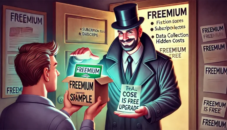 En stilisert illustrasjon av en mann i en høy hatt og mørk frakk som smilende tilbyr en eske merket 'FREEMIUM SAMPLE' til en annen person. Inni esken er et skilt med ordet 'FREEMIUM'. I den andre hånden holder han et skilt med teksten 'REAL COST IS FREE UPGRADE'. Bak ham er vegger fulle av plakater og skilt med ordet 'FREEMIUM' og småtekster som antyder skjulte kostnader, abonnementer og datainnsamling. Bildet har en mystisk og litt skummel atmosfære, som om mannen selger noe med skjulte ulemper.