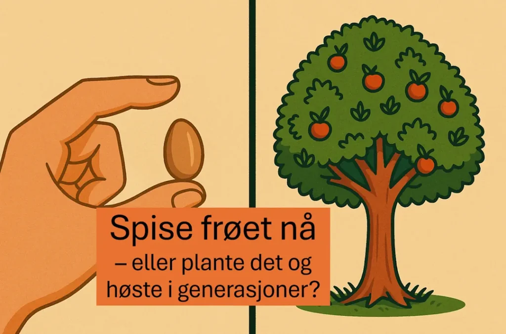 Illustrasjon av et valg: En hånd holder et frø med teksten 'Spise frøet nå – eller plante det og høste i generasjoner?', ved siden av et tre fullt av frukt som symboliserer langsiktig verdiskaping.