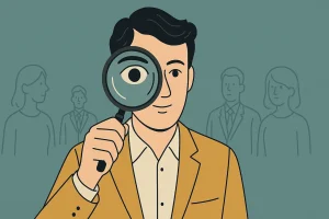 Illustrasjon av en mann i blazer som holder et forstørrelsesglass foran øyet, med stiliserte personer i bakgrunnen – symbol på å se ting fra et nytt perspektiv.