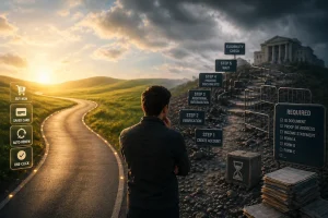 A person stands at a crossroads between two contrasting paths: one smooth and sunlit symbolizing simplicity and ease, the other dark and complex with multiple steps, barriers, and documents representing friction, control, and bureaucracy.