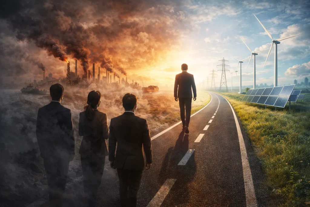 En person går langt foran på en vei mot en grønn energifremtid med vindmøller og solcellepaneler, mens flere personer står igjen bak ved et forurenset industrilandskap med røyk og utslipp.