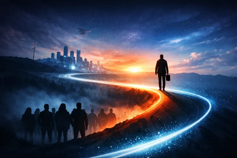 En enslig person går foran på en opplyst sti mot en futuristisk by i solnedgang, mens en gruppe mennesker følger etter i bakgrunnen, som symbol på ledelse, innovasjon og avstanden mellom idé og marked.