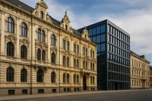En gate med en rekke gamle bygårder i klassisk, detaljrik arkitektur med utsmykninger, buede vinduer og ornamenter. Midt blant dem står en moderne bygning i stål og glass som bryter tydelig med stilen til de historiske byggene rundt. Kontrasten mellom gammelt og nytt illustrerer spenningen mellom bevaring og modernisering i byutvikling.