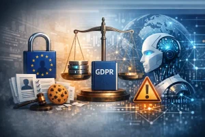 Illustrasjon av digital teknologi, personvern og databeskyttelse som symboliserer GDPR, cookieloven og AI Act i moderne digitale tjenester.