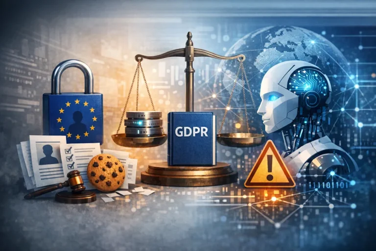 Illustrasjon av digital teknologi, personvern og databeskyttelse som symboliserer GDPR, cookieloven og AI Act i moderne digitale tjenester.