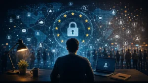 Illustrasjon av en person foran en digital skjerm med hengelås, nettverksikoner og globale datastrømmer som symboliserer personvern, GDPR, datainnsamling og overvåking i den digitale verden.