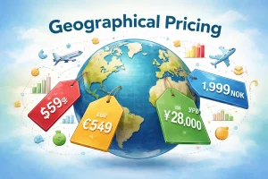 Illustrasjon av en globus omgitt av prislapper i ulike valutaer som dollar, euro, yen og norske kroner, med overskriften “Geographical Pricing”, som viser hvordan samme produkt kan ha forskjellig pris i ulike land.