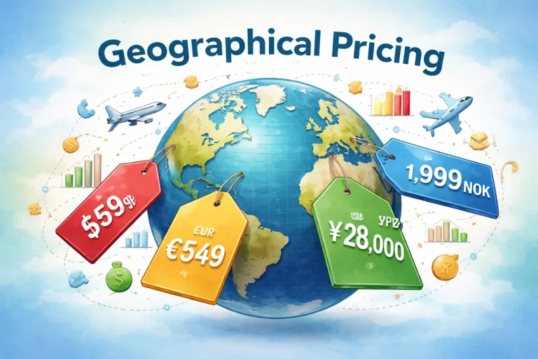 Illustrasjon av en globus omgitt av prislapper i ulike valutaer som dollar, euro, yen og norske kroner, med overskriften “Geographical Pricing”, som viser hvordan samme produkt kan ha forskjellig pris i ulike land.