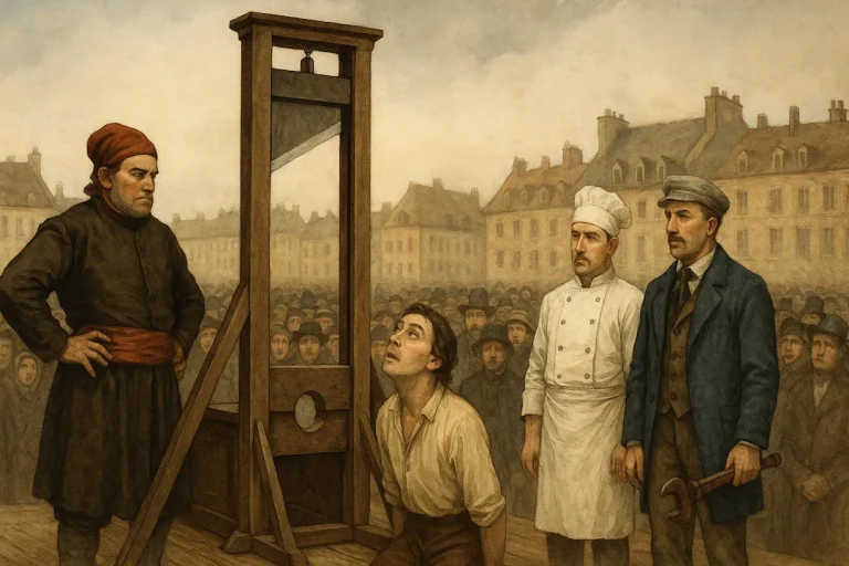 En historisk scene fra 1800-tallet i Paris viser en guillotine omgitt av en folkemengde. Foran står tre fanger – en kunstner, en kokk og en ingeniør – sammen med en bøddel i mørke klær. Den knelende fangen ser opp mot bladet som har stoppet halvveis, mens de to andre venter bak. Bygninger og publikum danner en tåkete bakgrunn som gir bildet en dramatisk, tidstypisk atmosfære.