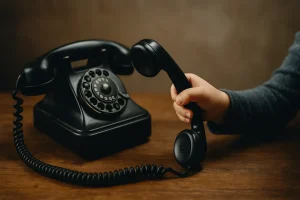 Et barns lille hånd holder røret til en gammeldags svart telefon med nummerskive, som står på et trebord i varmt, dempet lys.