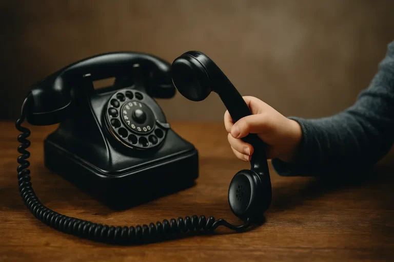 Et barns lille hånd holder røret til en gammeldags svart telefon med nummerskive, som står på et trebord i varmt, dempet lys.