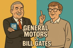 Illustrasjon i retrostil som viser en GM-direktør og Bill Gates i en humoristisk duell, med teksten 'General Motors vs. Bill Gates' i midten. GM-direktøren står med armene i kors og smil, mens Gates peker opp med én finger og smiler tilbake.