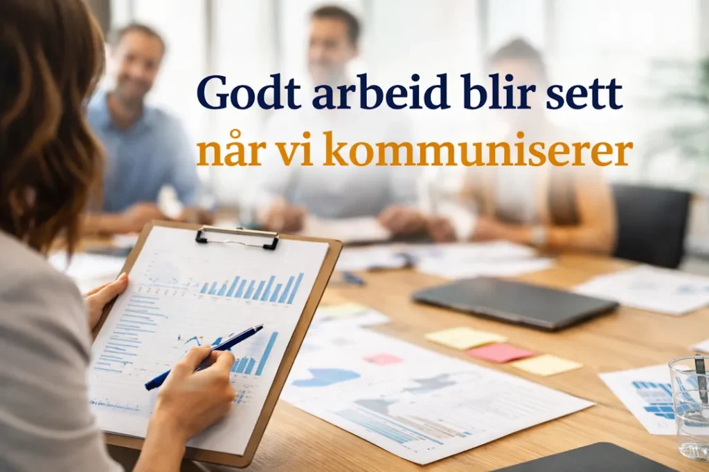 Illustrasjon av møte på kontor der en person presenterer arbeid og resultater, symboliserer hvordan kommunikasjon gjør godt arbeid synlig i arbeidslivet.