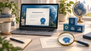 Illustrasjon av en bærbar PC med et digitalt kursbevis, et forstørrelsesglass over et sertifikat og klosser med kompetansesymboler.