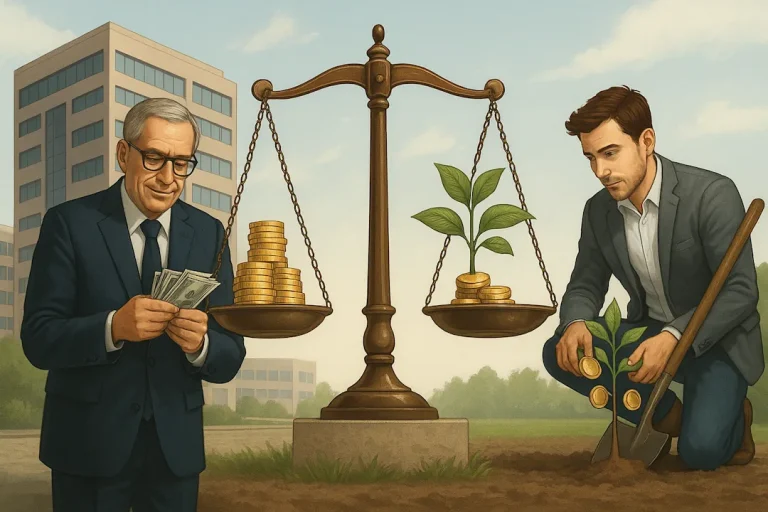 Illustrasjon av en milliardær som teller penger foran et kontorbygg, mens en gründer planter et tre med gullmynter som spirer. Mellom dem står en balansevekt som symboliserer rettferdighet, med penger på den ene siden og nyskaping på den andre.