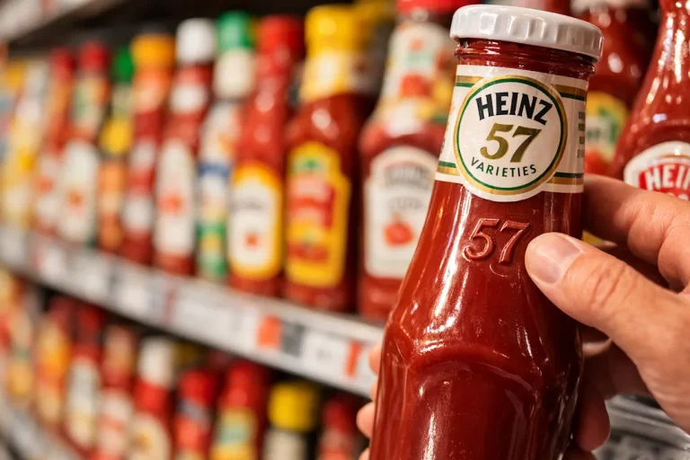 Heinz ketchupflaske med tallet 57 i fokus foran en butikkhylle med mange ulike sauser, som illustrerer hvordan mange valg kan skape beslutningsstress (choice overload).