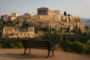 Et høyt utsyn over en gresk by med lave bygninger, fjell i bakgrunnen og klar himmel – symbol på Hellas’ potensial og utfordringer for gründere.