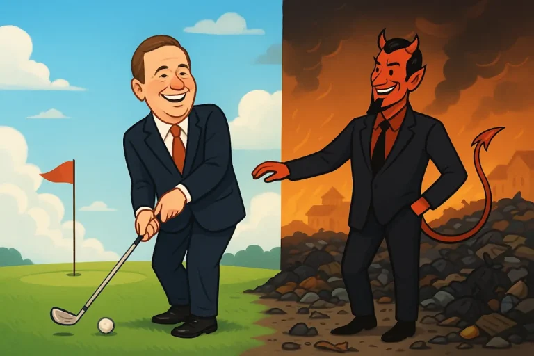 En satirisk illustrasjon av en smilende politiker som spiller golf i himmelen mens djevelen står ved siden av ham i helvete – en visuell kontrast mellom valgkampens glansbilde og virkelighetens avfallshaug.