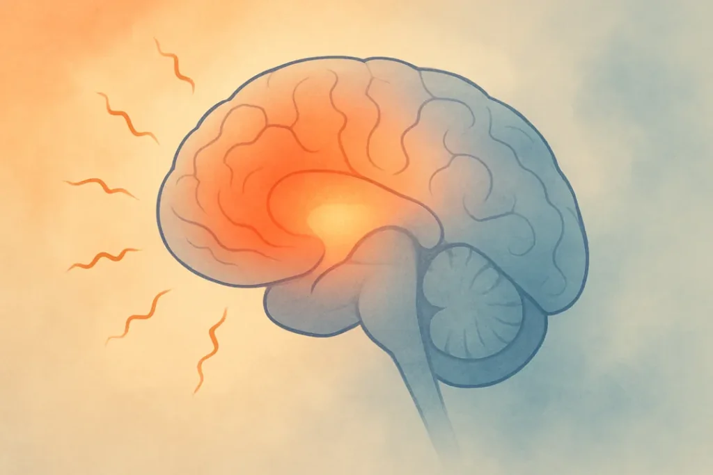 Illustrasjon av en hjerne i varme og kalde fargetoner, der det limbiske systemet og amygdala lyser opp for å symbolisere stress, beredskap og overaktiv alarmrespons.