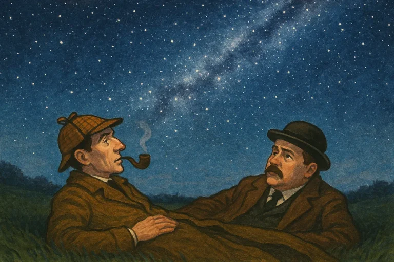 Illustrasjon av Sherlock Holmes og Dr. Watson som ligger ute i gresset en stjerneklar natt og ser opp mot himmelen.