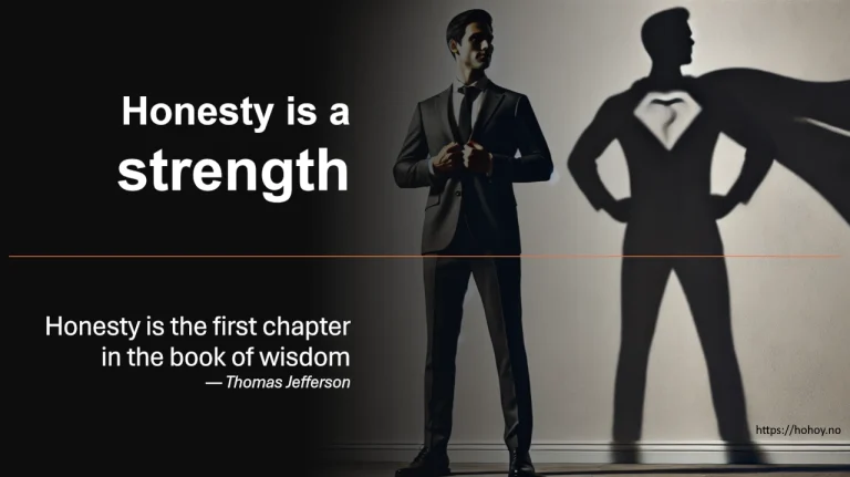 Bildet viser en mann i dress foran en vegg der skyggen har en kappe som en superhelt. Teksten viser Ærlighet er en styrke. Og et sitat fra Thomas Jefferson, "Honesty is the first chapter in the book of wisdom" / Foto: PowerPoint