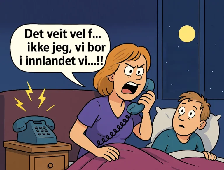 Illustrasjon i tegneseriestil av et ektepar som våkner midt på natten. Kvinnen sitter irritert i sengen med telefonen i hånden og roper inn i røret: 'Det veit vel f... ikke jeg, vi bor i innlandet vi...!!'. Ved siden av henne sitter mannen søvnig oppreist i sengen og spør: 'Hvem var det som ringte..??'. En gammeldags telefon står på nattbordet, og en fullmåne skinner utenfor vinduet.