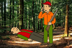 Tegneserieillustrasjon av to jegere i en skog. Den ene ligger livløs på bakken med øynene åpne, mens den andre står ved siden av med gevær i hånden og mobiltelefon mot øret, tydelig i ferd med å ringe etter hjelp.