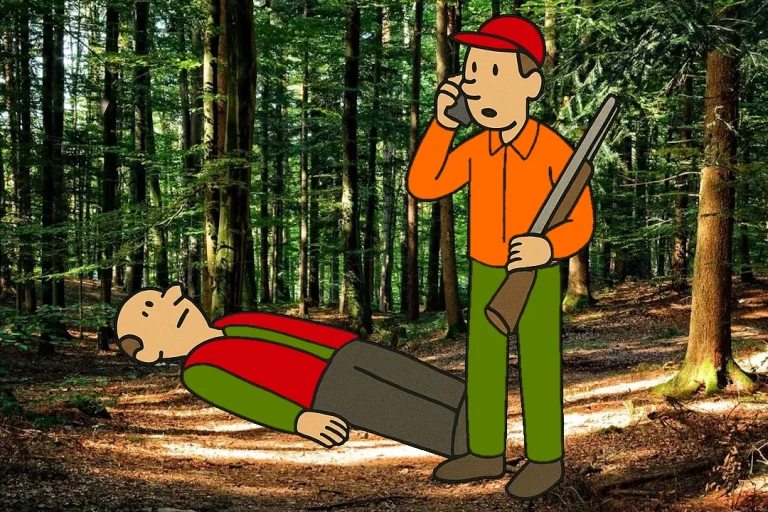 Tegneserieillustrasjon av to jegere i en skog. Den ene ligger livløs på bakken med øynene åpne, mens den andre står ved siden av med gevær i hånden og mobiltelefon mot øret, tydelig i ferd med å ringe etter hjelp.