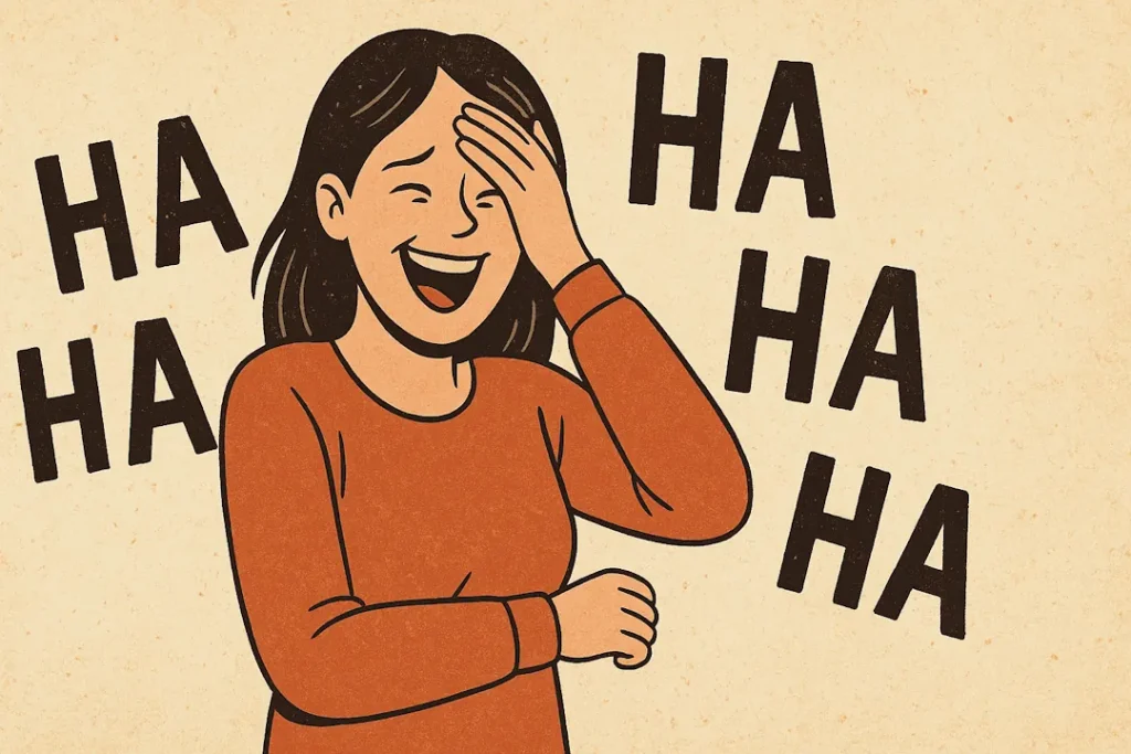 Illustrasjon av en kvinne som ler med hånden over ansiktet, omgitt av store “HA HA HA”-bokstaver, i en varm og humoristisk tegneseriestil.