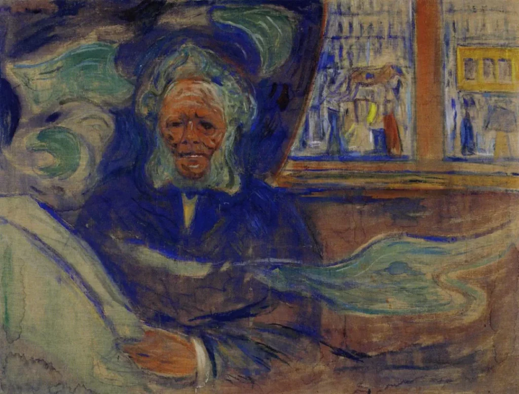 Maleri av Henrik Ibsen på Grand Café, malt av Edvard Munch. Bildet viser Ibsen sittende ved et bord, omgitt av blågrønne strøk og med vinduet bak hvor mennesker sees i bakgrunnen.