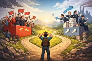 Person ved et veiskille mellom to ideologiske grupper, som symboliserer valg mellom ideologiske standpunkter og åpen, selvstendig tenkning.