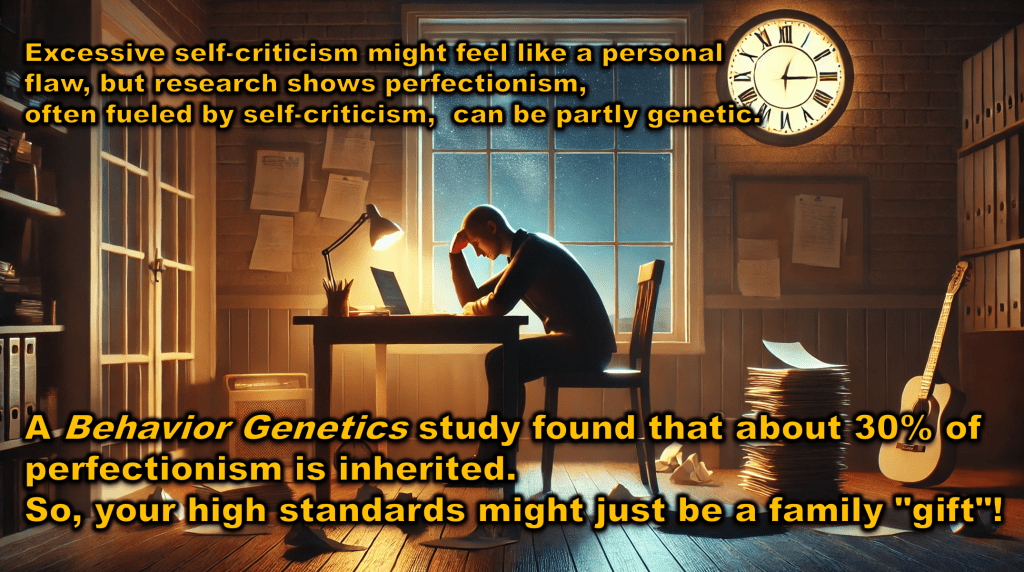 A picture saying: Excessive self-criticism might feel like a personal flaw, but research shows perfectionism—often fueled by self-criticism—can be partly genetic. A Behavior Genetics study found that about 30% of perfectionism is inherited. So, your high standards might just be a family "gift"!