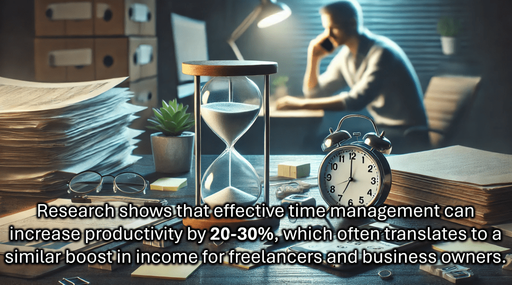 A workspace with an hourglass, alarm clock, stacks of documents, and a blurred person on the phone in the background, illustrating time management and productivity. A quote on screen highlights that effective time management can boost productivity by 20–30% and income for freelancers and business owners.