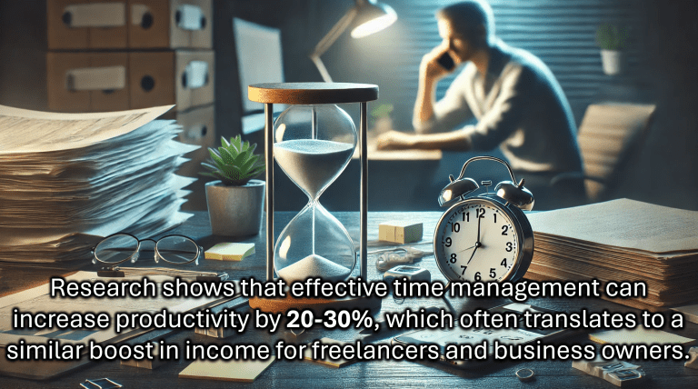 A workspace with an hourglass, alarm clock, stacks of documents, and a blurred person on the phone in the background, illustrating time management and productivity. A quote on screen highlights that effective time management can boost productivity by 20–30% and income for freelancers and business owners.