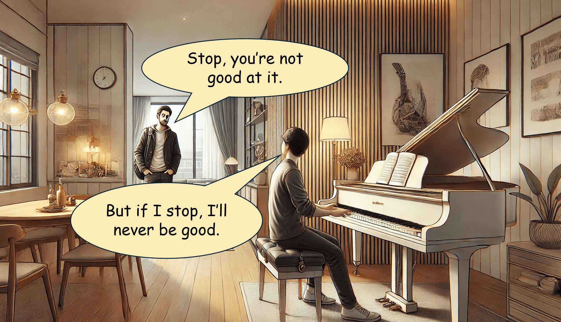 En person står ved siden av et piano og sier: "Stop, you're not good at it." Personen som sitter ved pianoet, svarer: "But if I stop, I'll never be good." Interiøret er en moderne stue med trepanelvegger, store vinduer som slipper inn naturlig lys, en spiseplass med stoler og bord, og kunst på veggene.